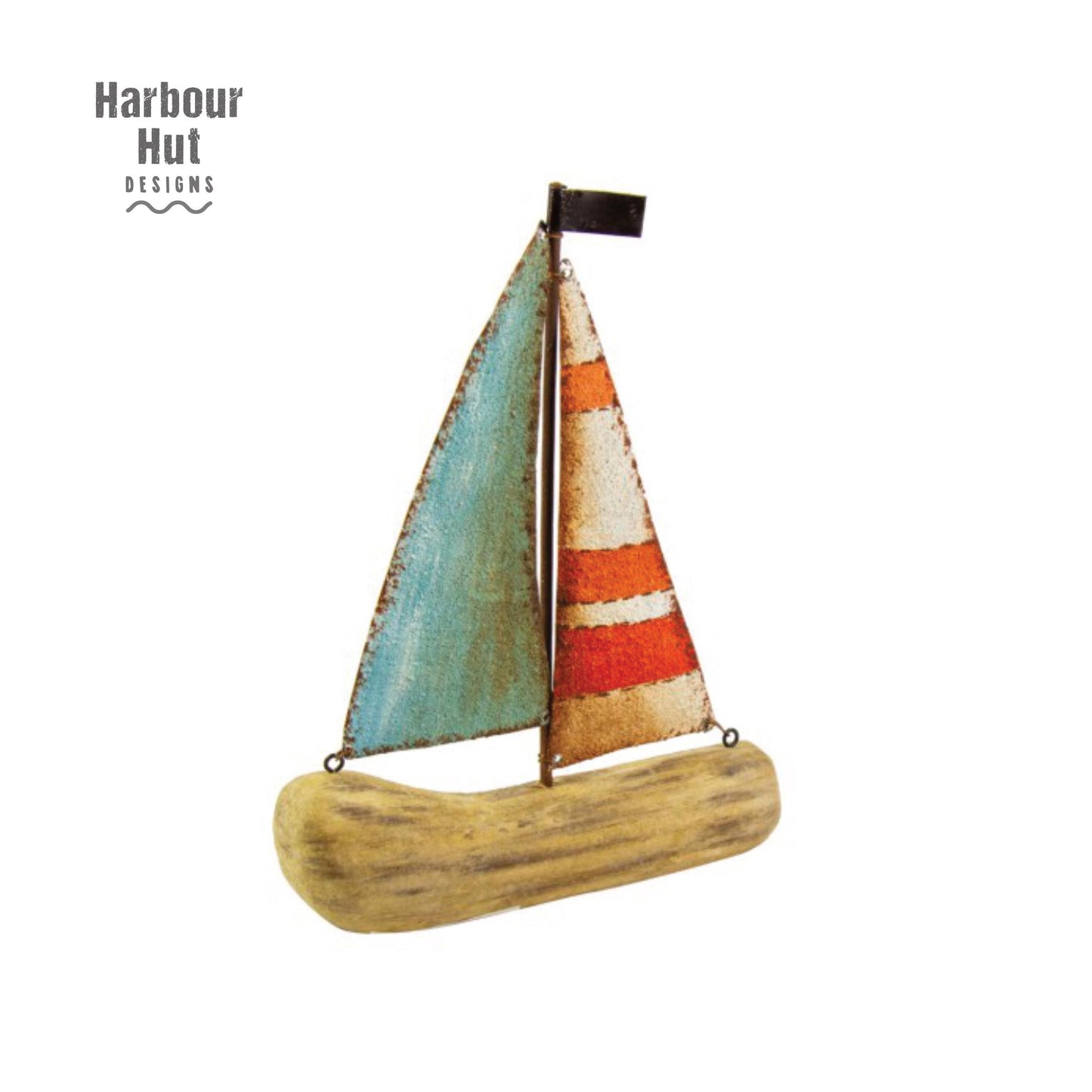 Metal boat | Red turquoise striped sails | Rust effect | Distressed | Sailing | Sail boat | Nautical gift | Seaside | Driftwood wooden base