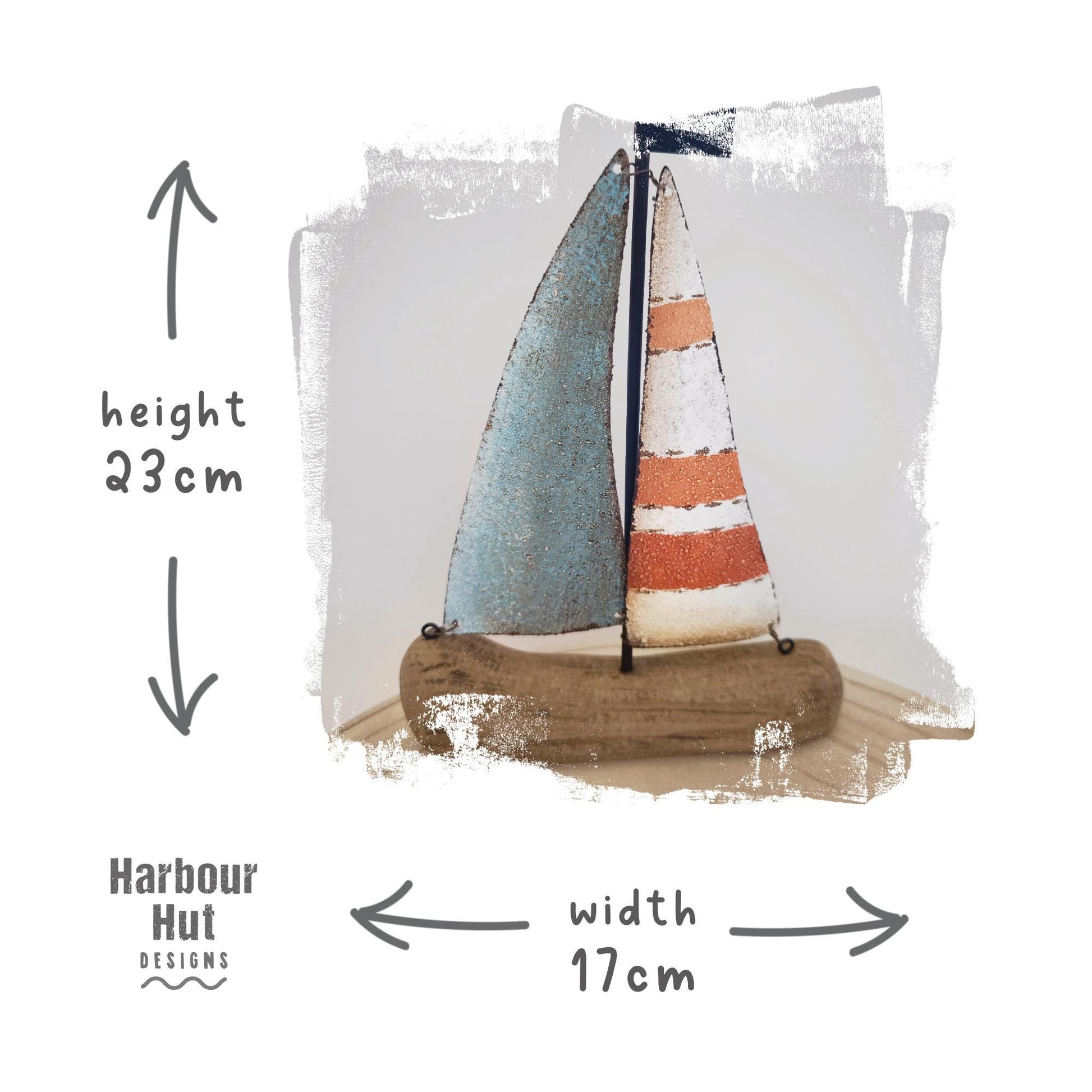 Metal boat | Red turquoise striped sails | Rust effect | Distressed | Sailing | Sail boat | Nautical gift | Seaside | Driftwood wooden base