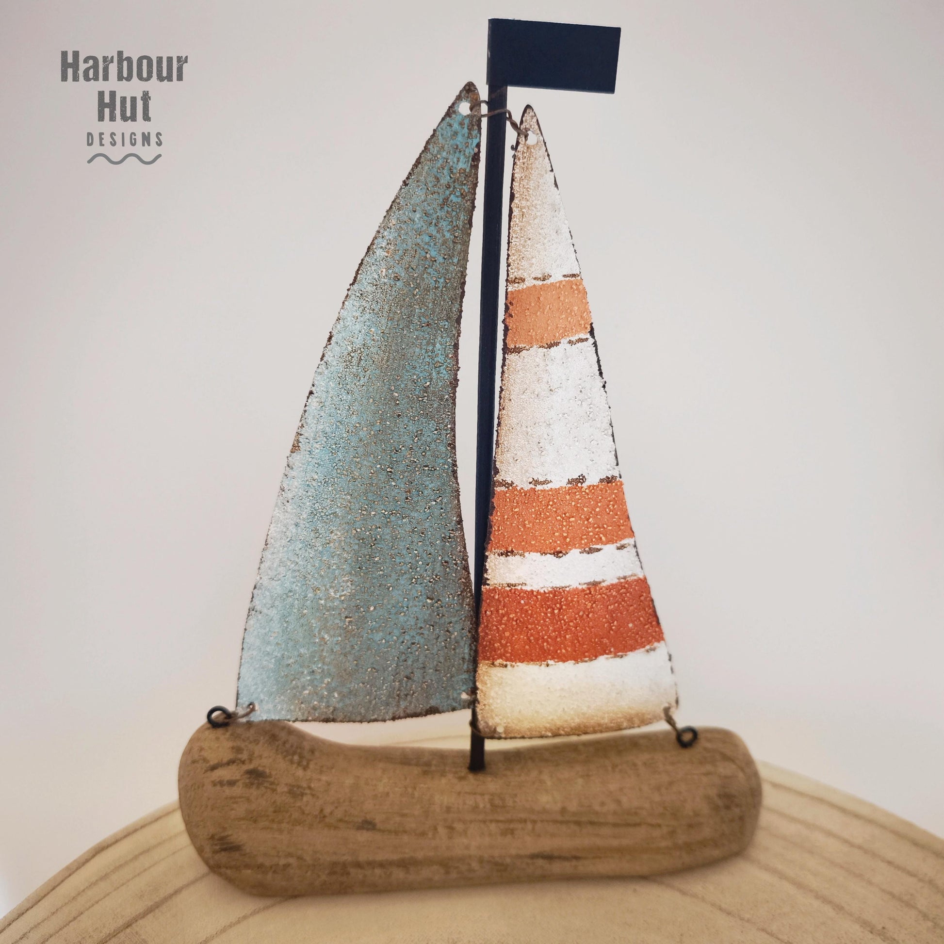 Metal boat | Red turquoise striped sails | Rust effect | Distressed | Sailing | Sail boat | Nautical gift | Seaside | Driftwood wooden base