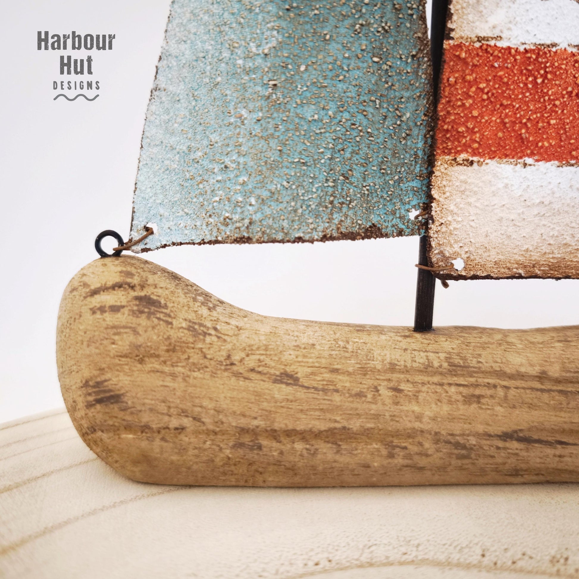 Metal boat | Red turquoise striped sails | Rust effect | Distressed | Sailing | Sail boat | Nautical gift | Seaside | Driftwood wooden base