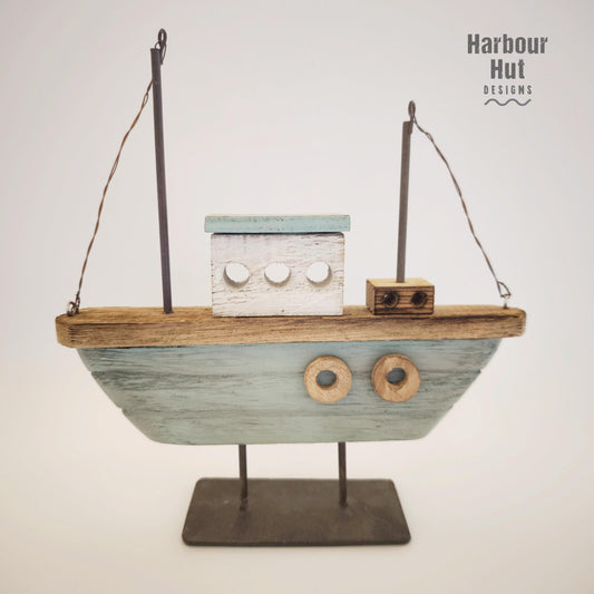 Wooden turquoise sailing boat | Rust effect | Boy nursery decor | Nautical decor | Rustic | Teal | Harbour | Upcycled distressed wood gift