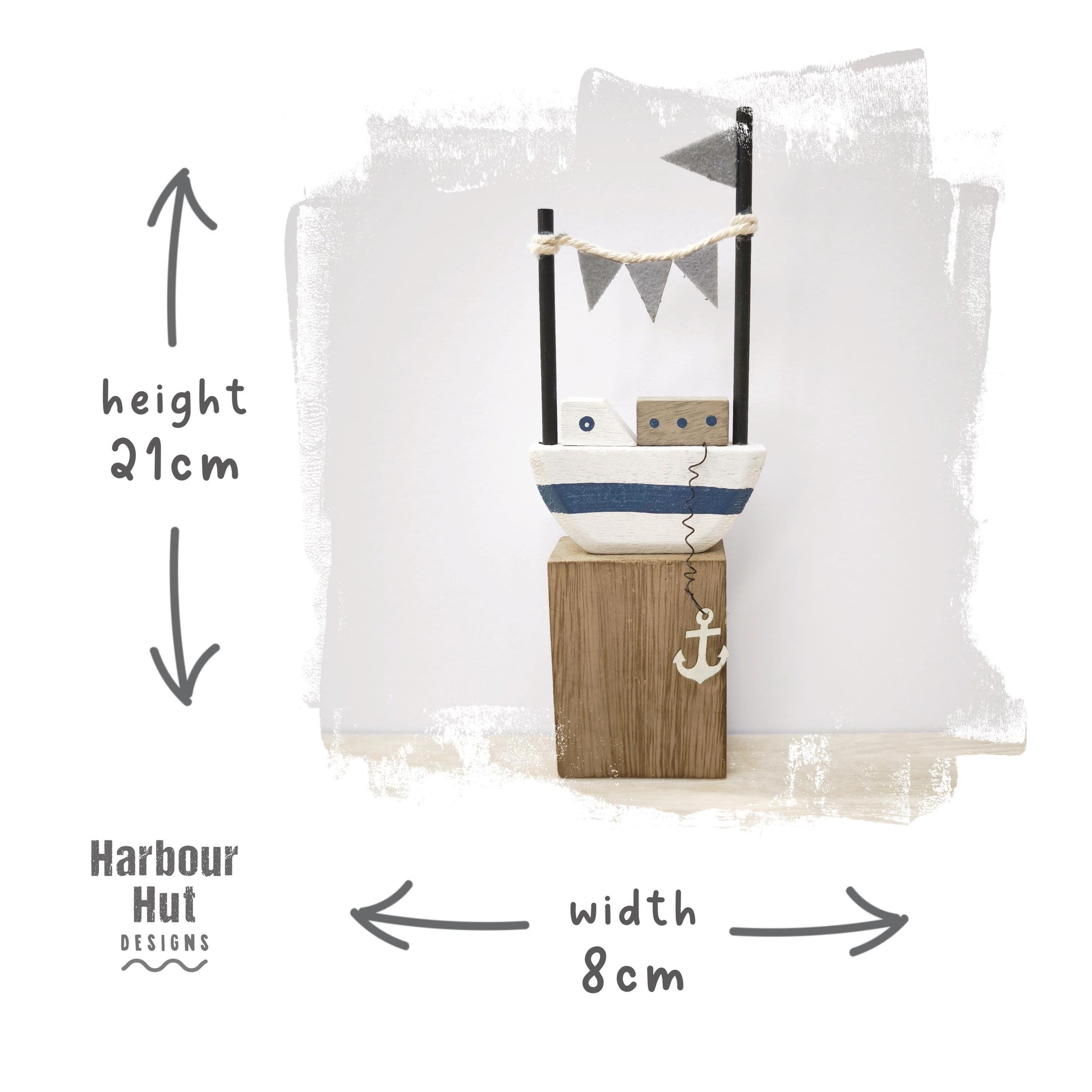 Wooden boat decoration | Felt flags bunting | Wire metal anchor | Beach wedding | Boho | Shabby chic | Rustic | Coastal ornament Harbour Hut